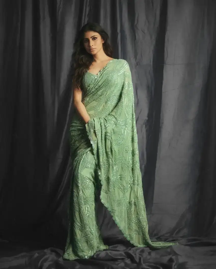 North Indian TV Actress Mouni Roy in Sleeveless Green Saree